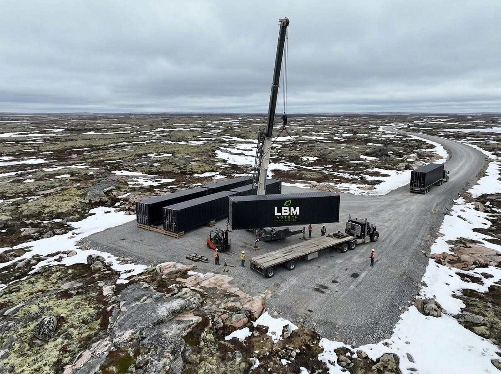 Assembly on the James Bay job site: 40-foot containers already in place, a crane setting the next one, delivery trucks on the tundra