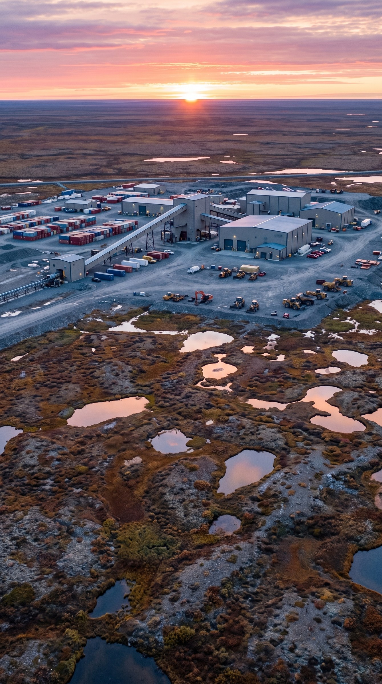 Remote mining site in the middle of the Far North tundra, aerial view at dusk