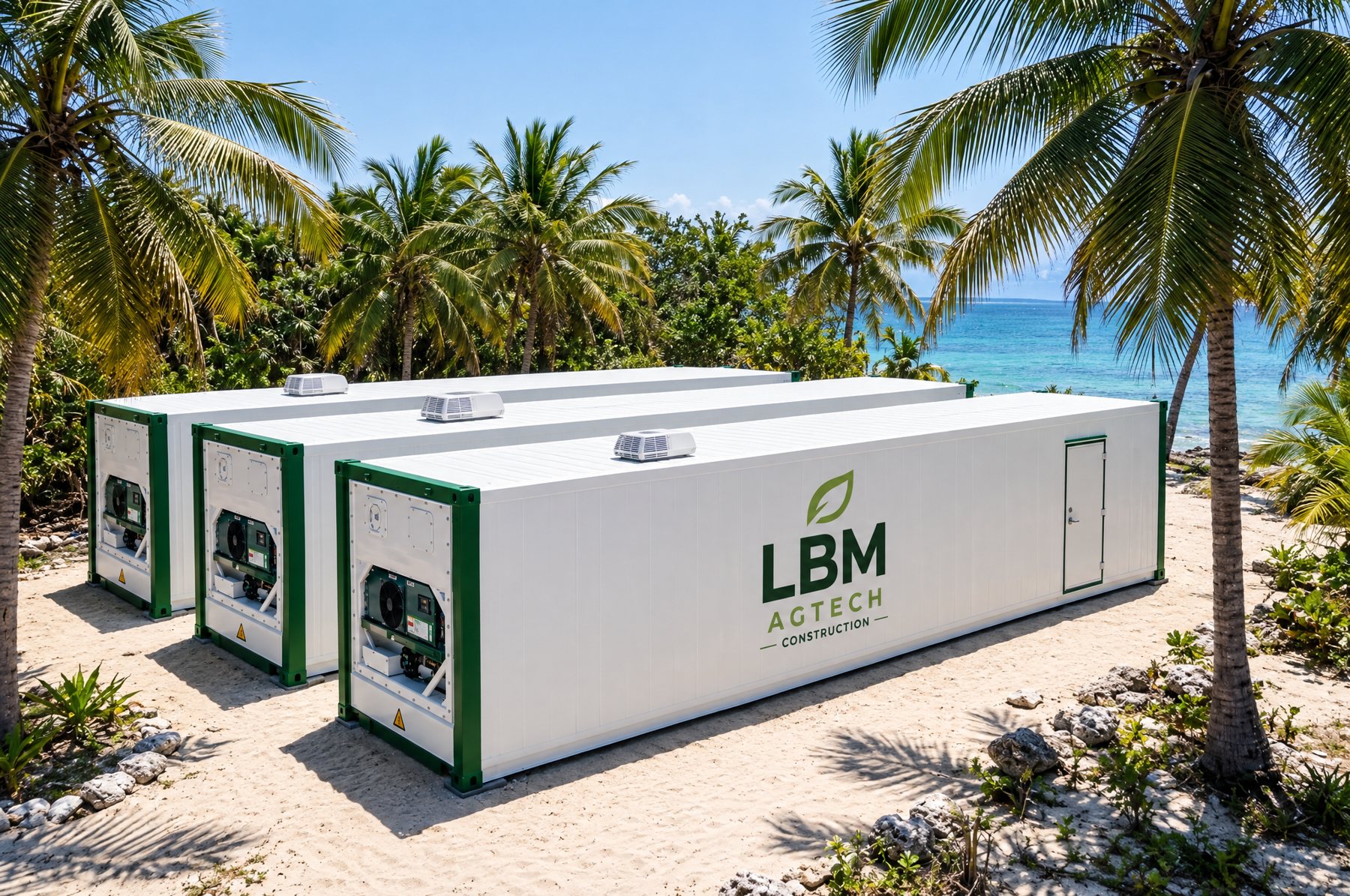 White and green 40-foot LBM Agtech Construction containers set up under palm trees by the sea