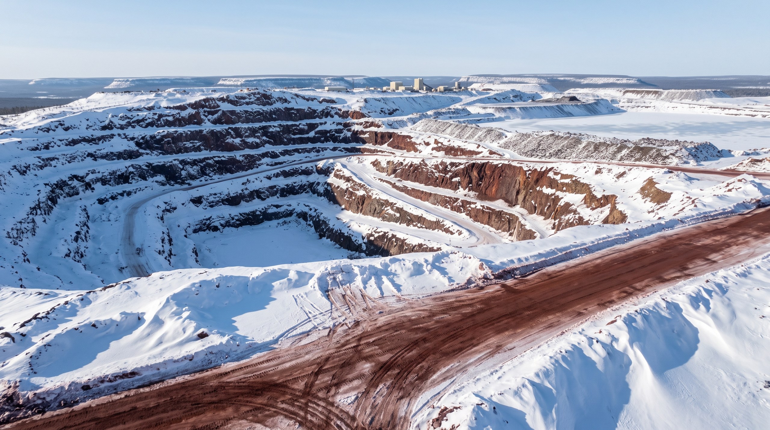 Open-pit mine in northern Quebec in winter, aerial view