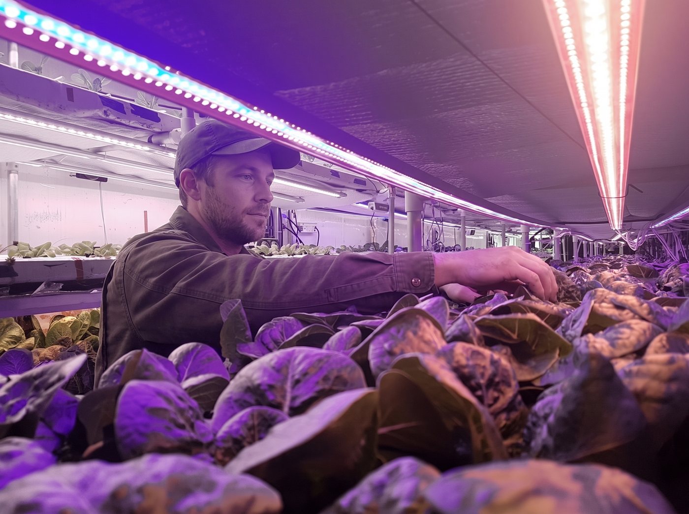 Operator harvesting lettuce in a production room