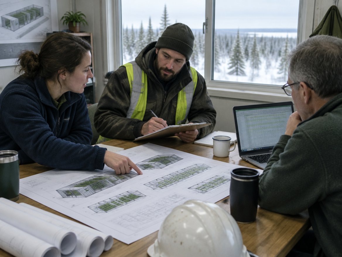 Three people discussing a project over plans for modular farms, in a northern site office