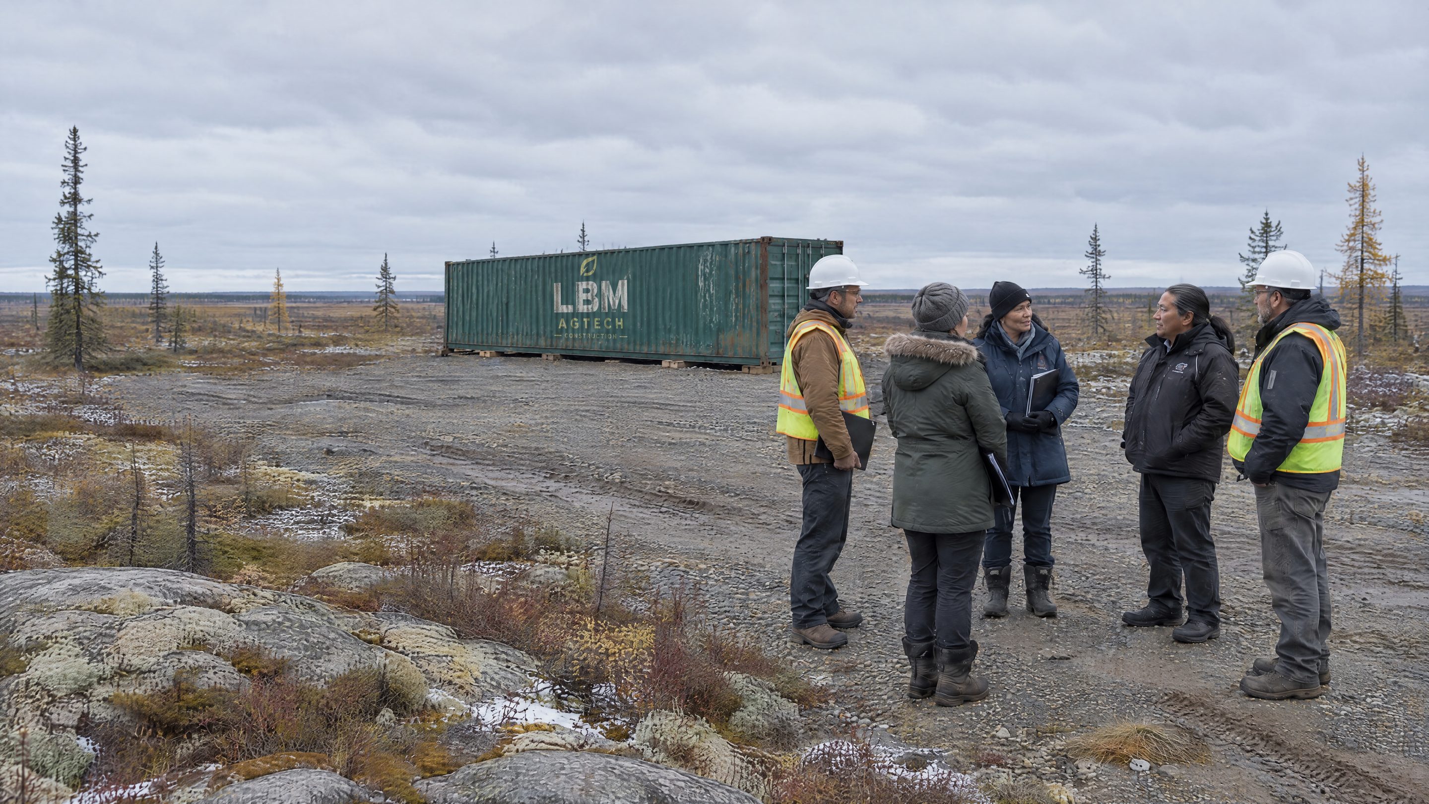 Contractors and regional representatives in conversation on an open northern site near James Bay, with a weathered 40-foot LBM Agtech Construction container in the distance